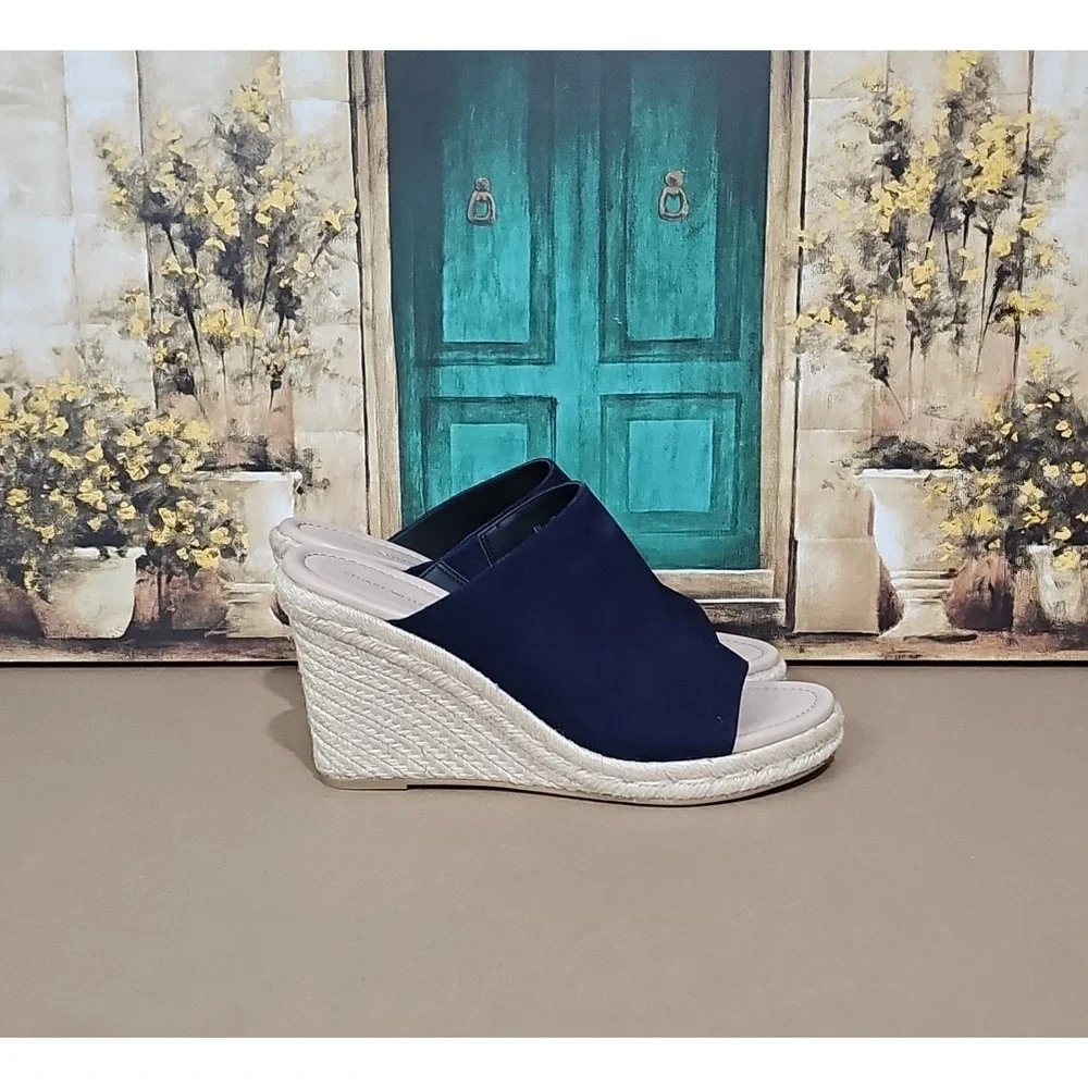Stuart Weitzman Navy Wonda Espadrille Wedge Heel Mules Sandals Size EU 40/9.5 B